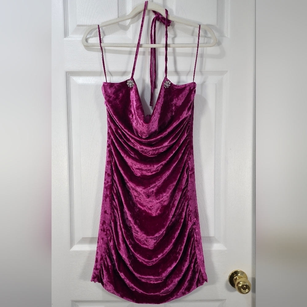 WAYF Purple Velvet Ruched Halter Cowl Neck Mini Dress - Size M - Picture 2 of 9